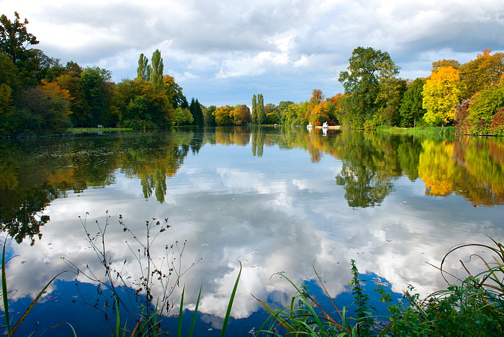 Reflections on lake, Schwetzingen Palace gardens, Schwetzingen, Baden-Wurttemberg, Germany, Europe