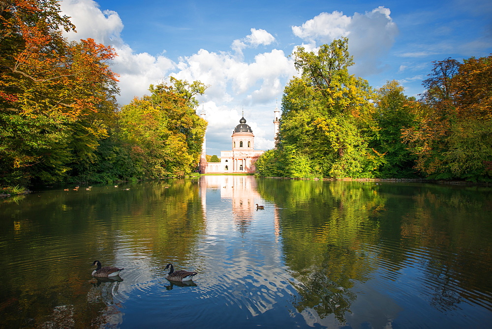 Red Mosque and reflections in autumn, Schwetzingen, Baden-Wurttemberg, Germany, Europe