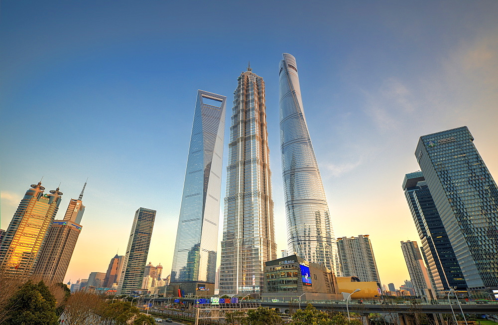 Skyscrapers of Lujiazui, Shanghai World Financial Center, Jin Mao Tower and Shanghai Tower, Shanghai, China, Asia