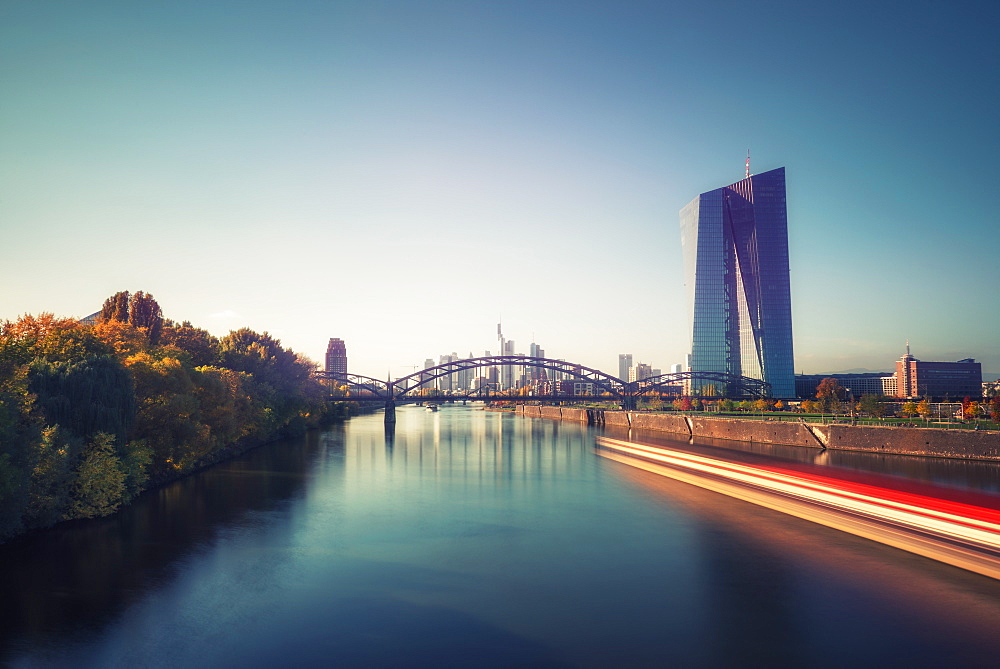 Frankfurt Ostend cityscape with a passing ship on the Main River, Frankfurt, Hesse, Germany, Europe