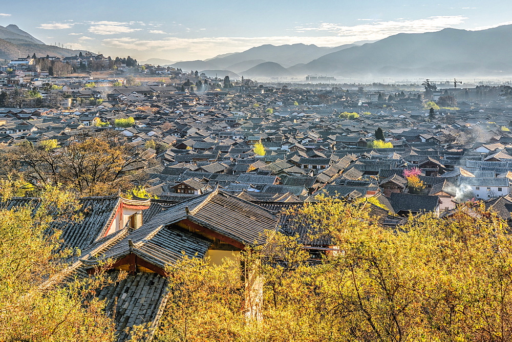 A view over the Old Town area of Lijiang (Dayan), UNESCO World Heritage Site, and its roofs on a clear morning, Lijiang, Yunnan, China, Asia 