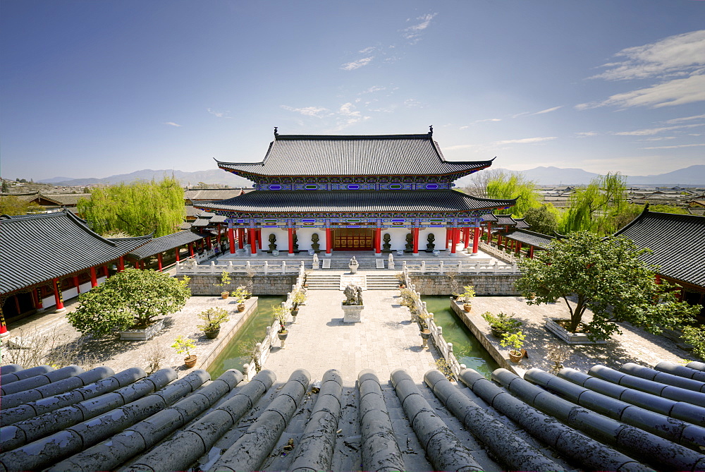 A view down on courtyard and building in classical Chinese architecture style at Mufu, Lijiang, Yunnan, China, Asia 