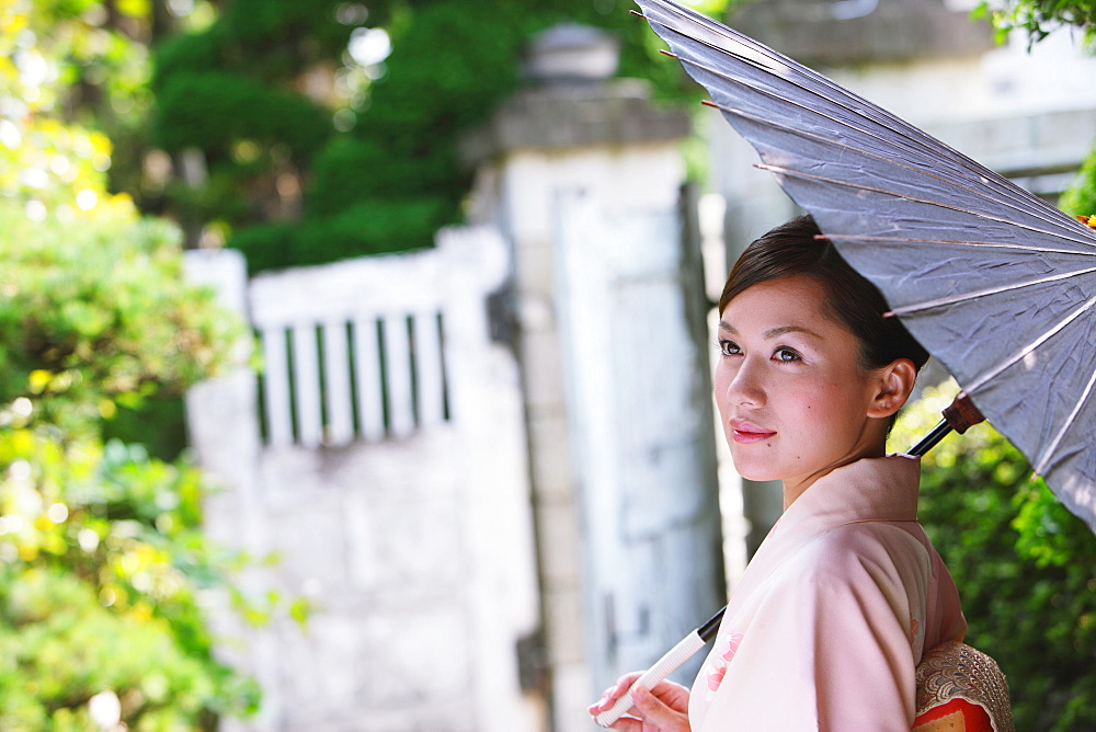 Japanese Woman in Kimono with Bangasa Parasol