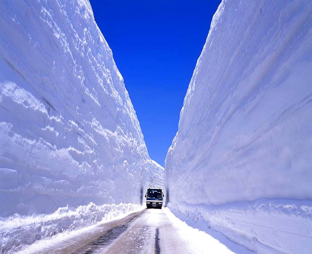 Vehicle on Snowy Road, Toyama, Japan