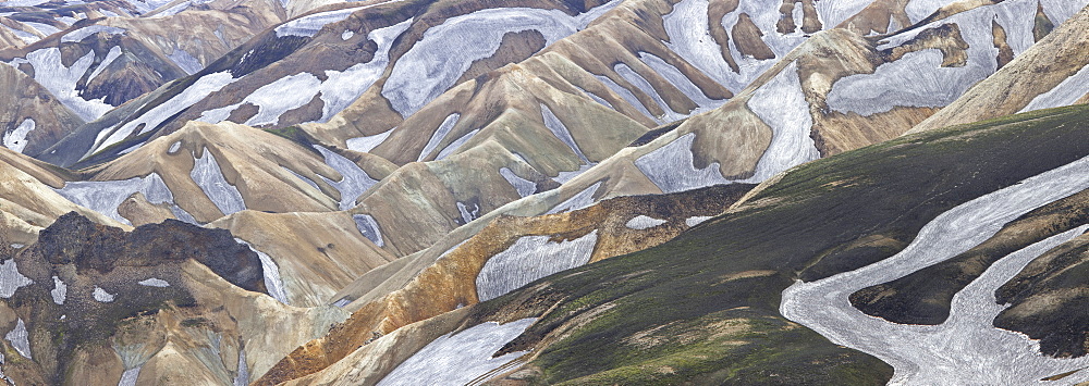 An aerial view of the Landmannalaugar Mountains in Iceland. Rhyolite mountains and expansive lava fields, Landmannalaugar Mountains, Iceland