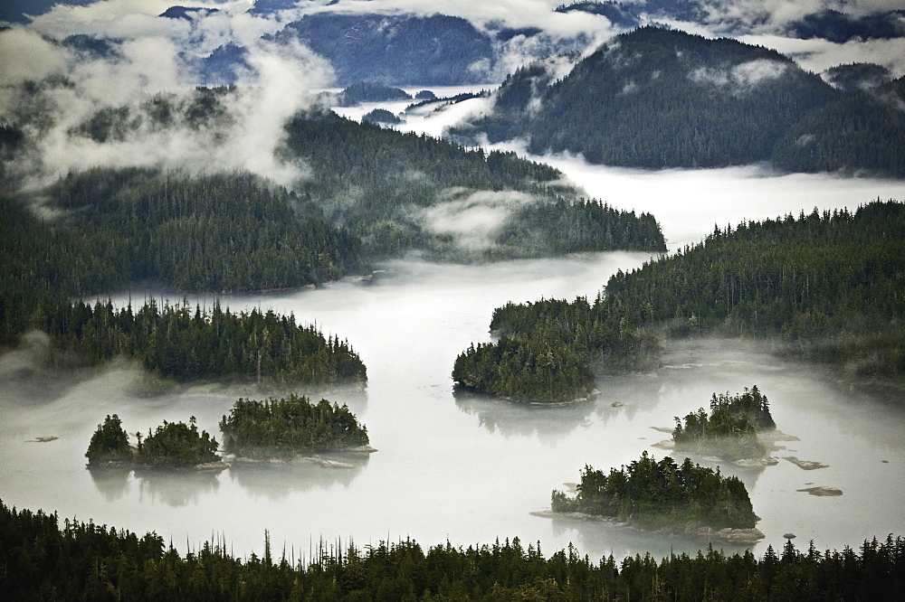 An aerial view of the islands of the Broughton Archipelago, and the mountain region, Broughton Archipelago, British Columbia, Canada