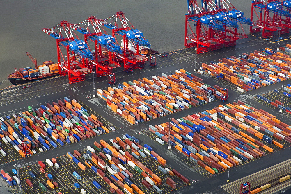 Elevated view of cranes and cargo containers at port in Bremerhaven, Bremen, Germany