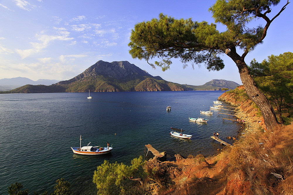 View of pine trees and boats on coats of Adrasan Bay, Kemer, Turkey