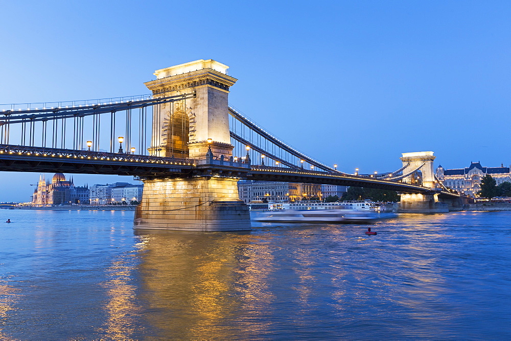 A view from the Pest Bank of the 380 metre long Chain Bridge at dusk, Budapest, Hungary