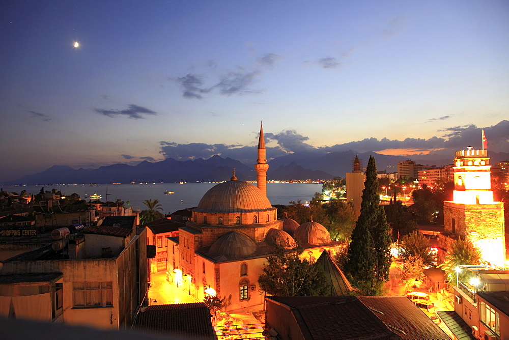 View of illuminated Tekeli Mehmet Pasa Mosque in Antalya, Turkey