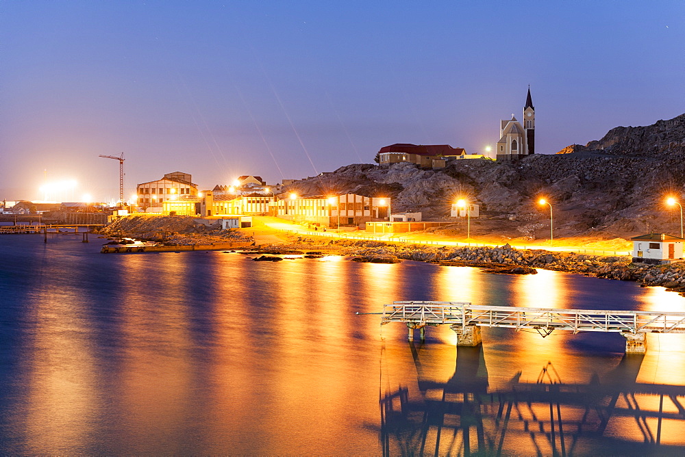 A view of the bay and the monolithic church in the evening, LÃ¼deritz, Namibia, Africa