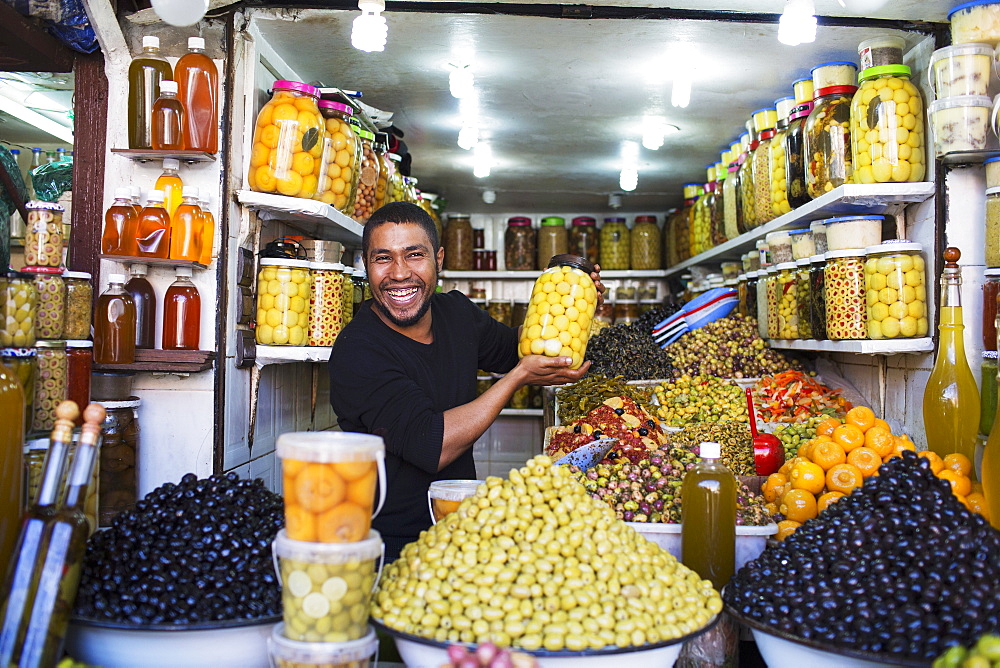 A suk in the medina, olives and preserved fruit, Marrakesh, Morocco