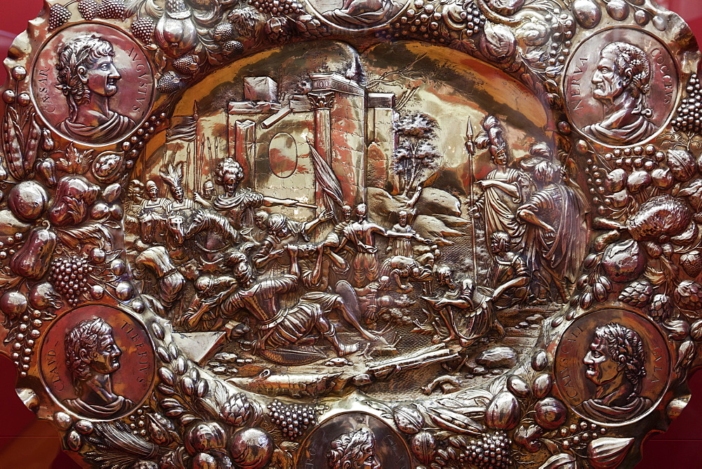 Close-up of ceremonial silver plate in Maximilian Museum in Augsburg, Bavaria, Germany