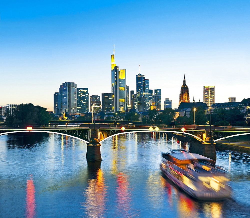 View of Ignatz Bubis bridge, Cathedral and Skyline in Frankfurt, Germany