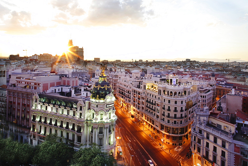 View of neoclassical houses at dusk, Madrid, Spain, long exposure