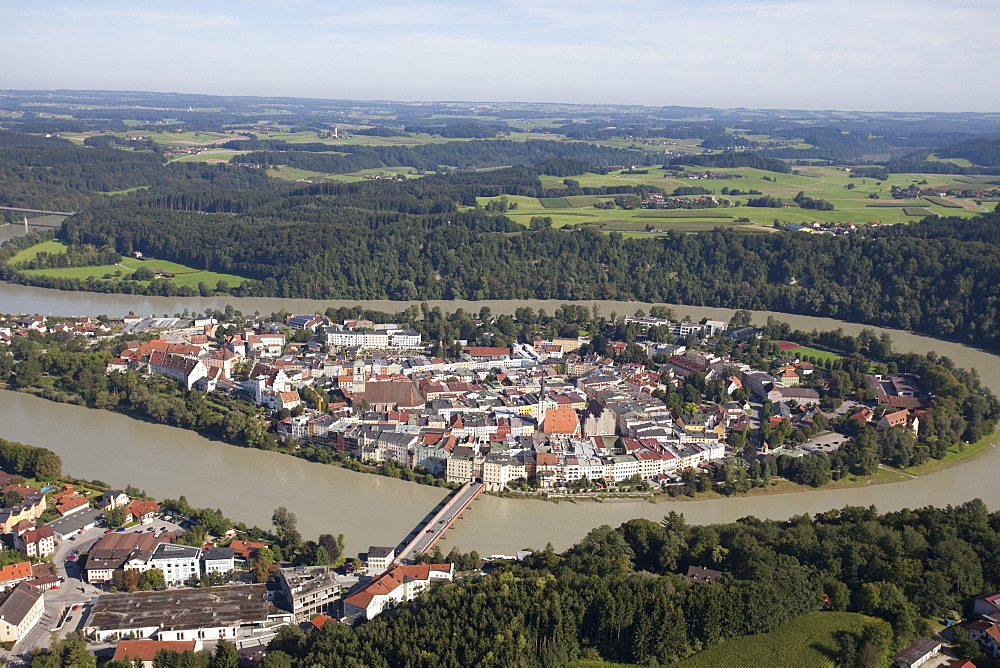 View of cityscape with Wasserburg am Inn in Rosenheim, Bavaria, Germany, Aerial view