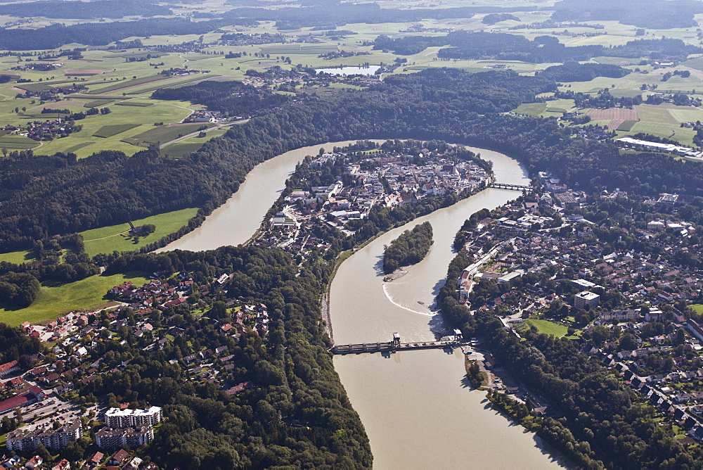 View of cityscape with Wasserburg am Inn in Rosenheim, Bavaria, Germany, Aerial view