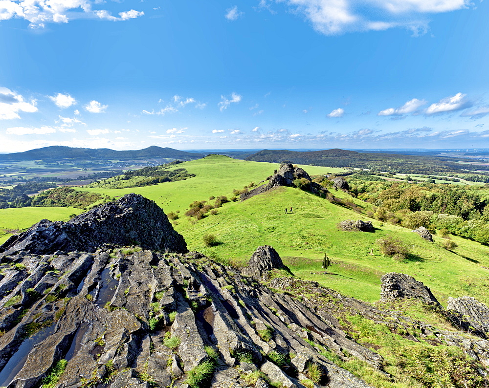 View of landscape of basalt rocks Hawk Forest, Hesse, Germany