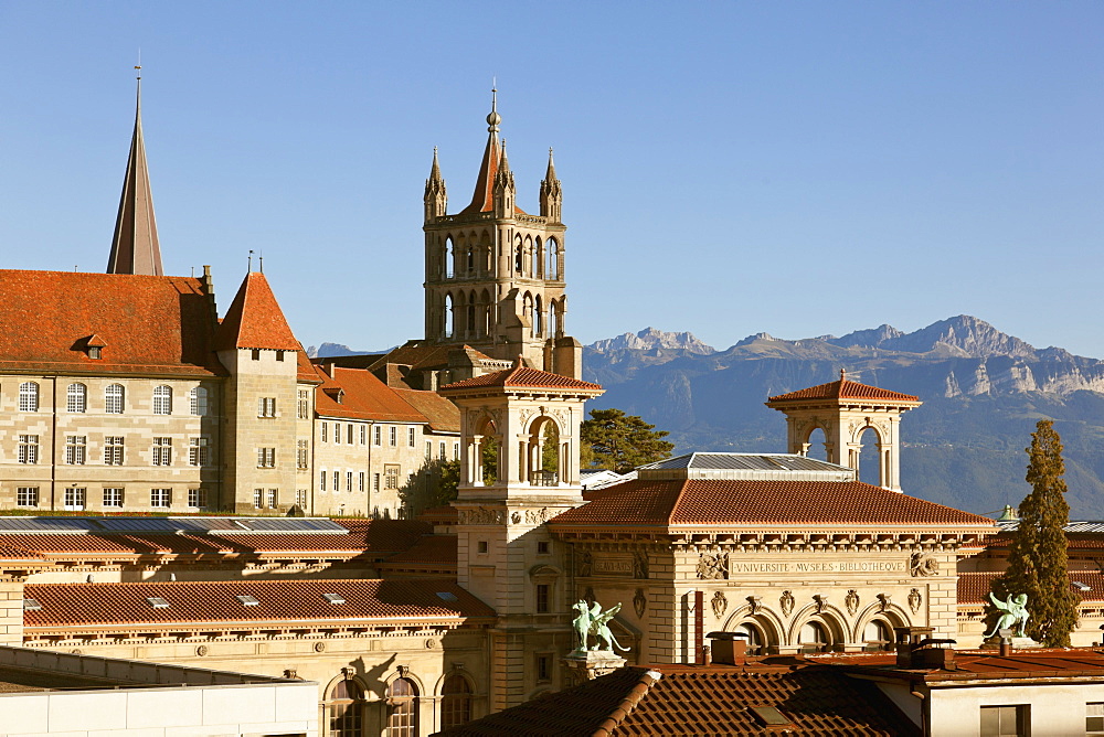 View of Palais de Rumine and Notre-Dame in Lausanne, Romandie, Lake Geneva, Switzerland