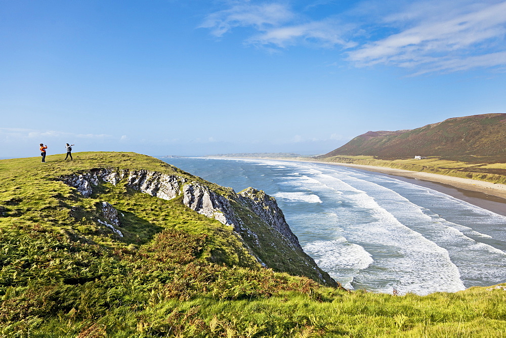 Elevated view of Rhossili Bay, Gower peninsula in Wales, UK