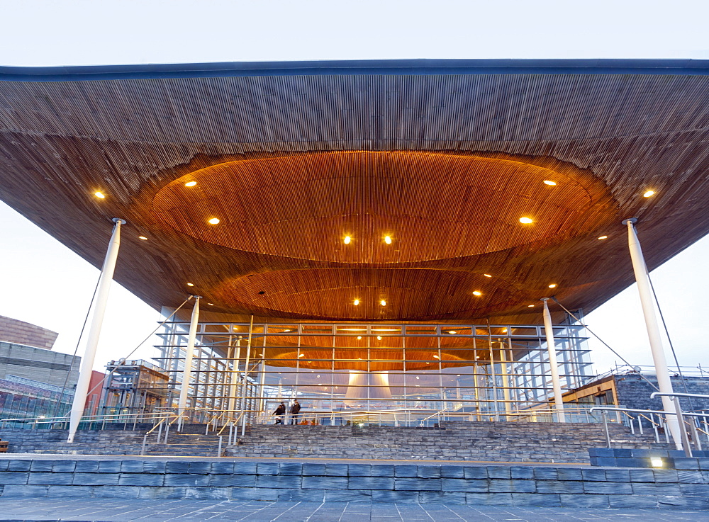 Illuminated National Assembly of Wales and parliament building at Cardiff, Wales, UK