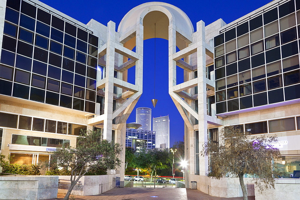 View of Golda Meir Cultural Centre at night, Tel Aviv, Israel