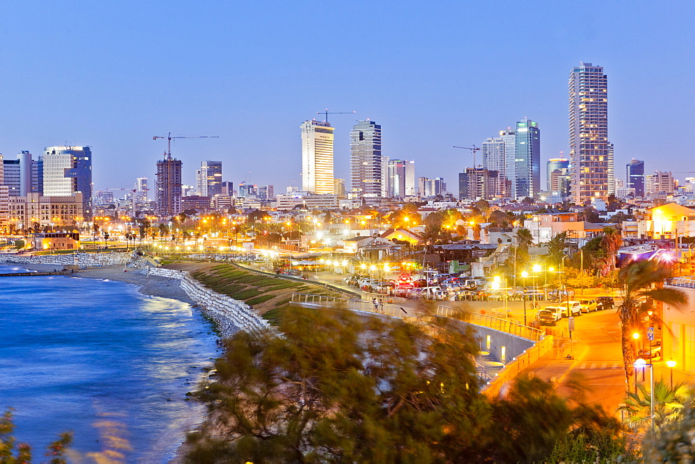 View of Neve Tzedek district skyline and Mediterranean at evening, Tel Aviv, Israel