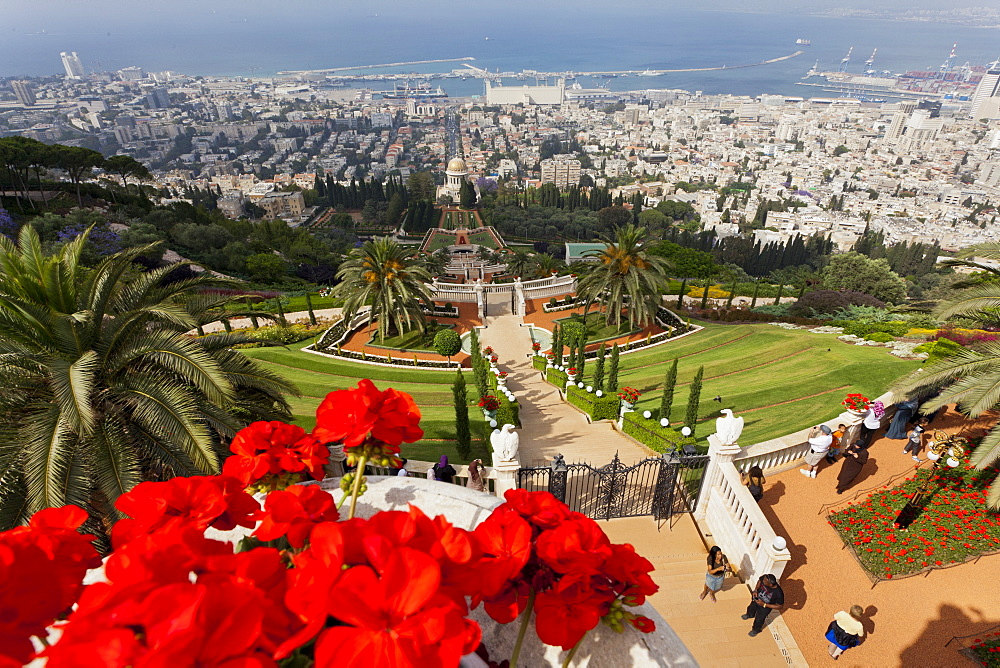 People at Shrine of the Bab and view of Bahai Garden from Mount Carmel, Haifa, Israel