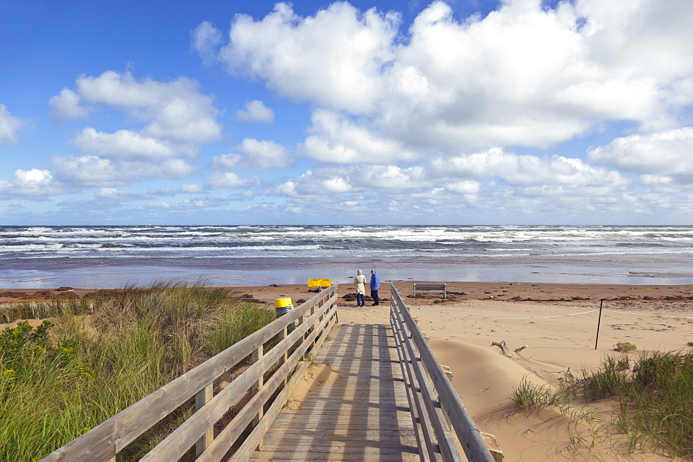 Wooden bridge on beach of Brackley-Dalvay, Prince Edward island National park, Canada