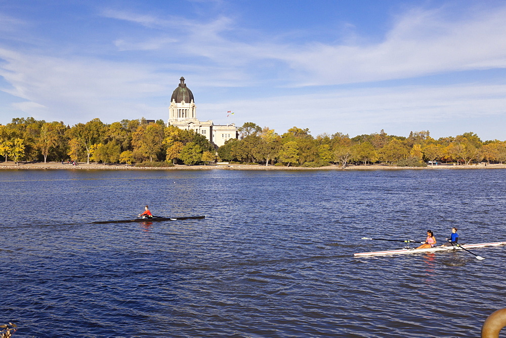 View of Legislative Assembly and  Wascana Lake in Regina, Saskatchewan, Canada