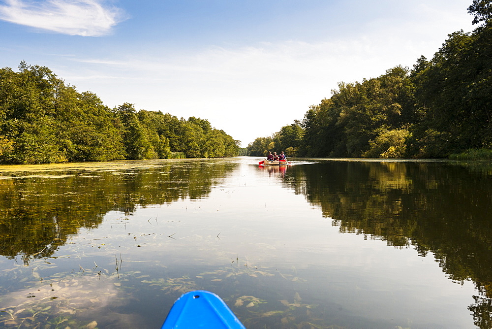 View of Wakenitzrestaurant canoe in Schleswig Holstein, Germany