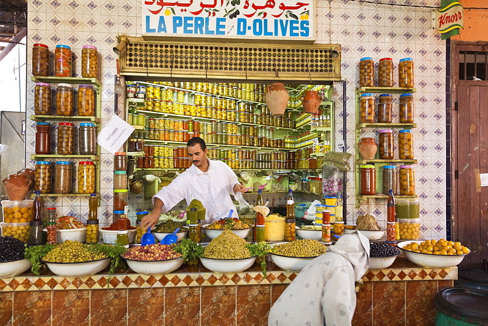 An olive stand in the market hall in Marrakesh, Morocco