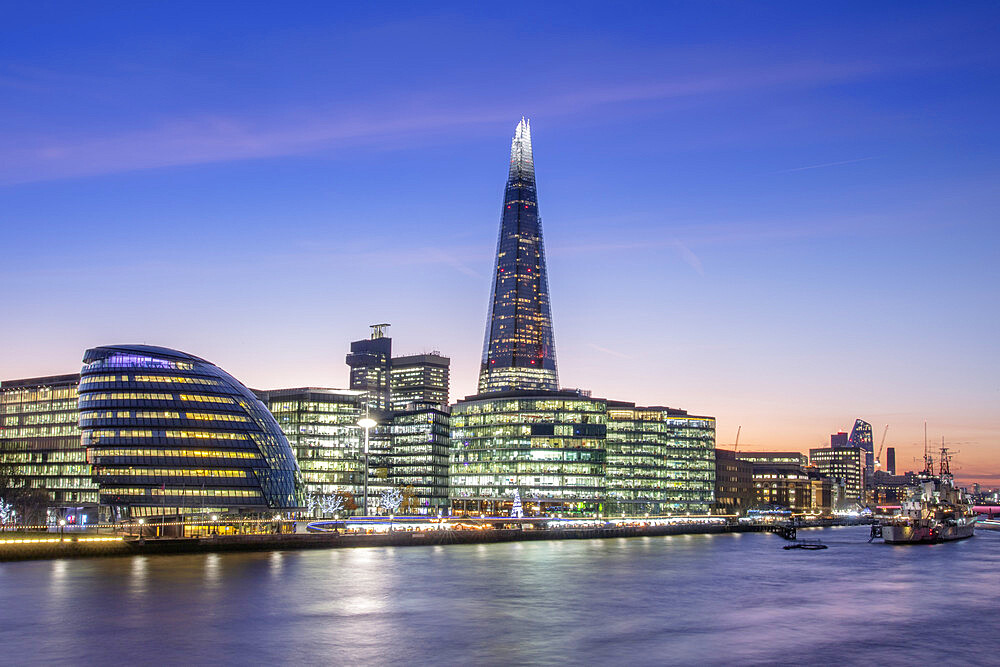 View of The Shard, City Hall and HMS Belfast in Southwark, Central London, England, United Kingdom, Europe