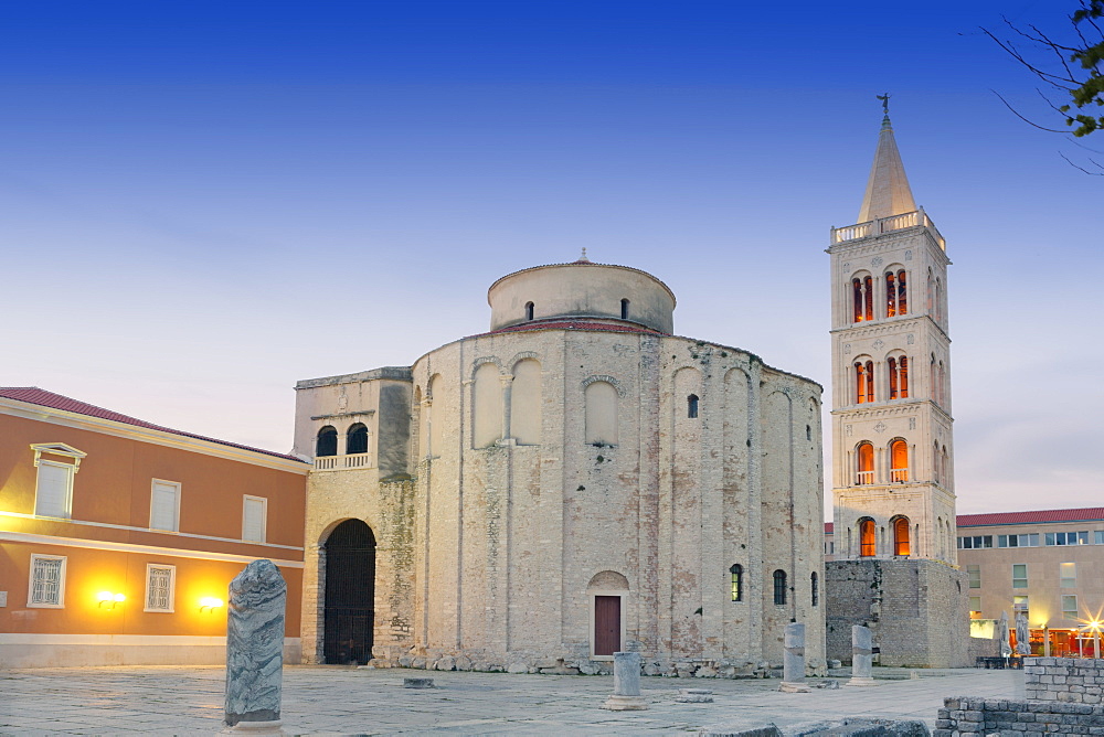 Ruined Roman forum, the Church of St. Donatus and the spire of St. Anastasia Cathedral, Zadar, Dalmatia, Croatia, Europe