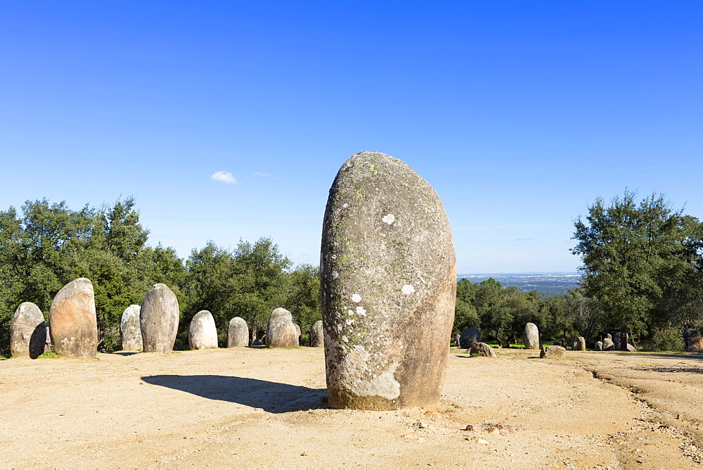 The Almendres stone circle, one of the oldest cromlechs in Europe in a region knows as the Iberian Mesopotamia, Evora, Alentejo, Portugal, Europe