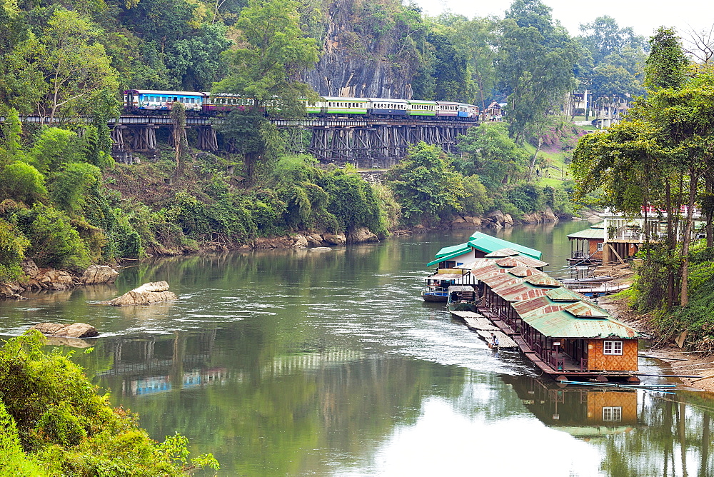 River Kwai train crossing the Wampoo Viaduct on the Death Railway above the River Kwai valley near Nam Tok, Kanchanaburi, Thailand, Southeast Asia, Asia