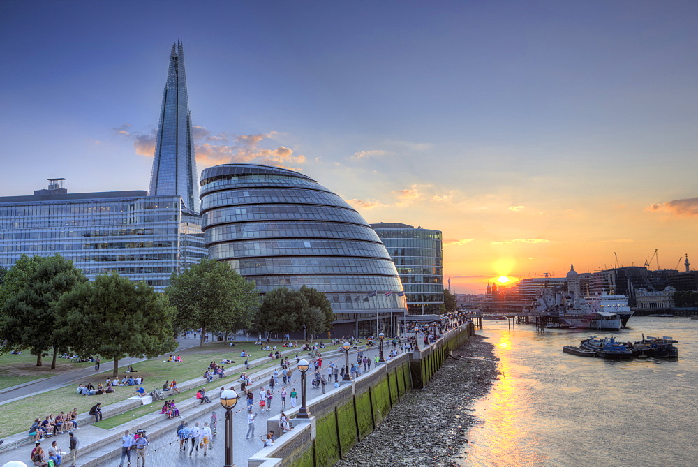 View of City Hall and the Shard on the south bank of the River Thames at sunset, London, England, United Kingdom, Europe