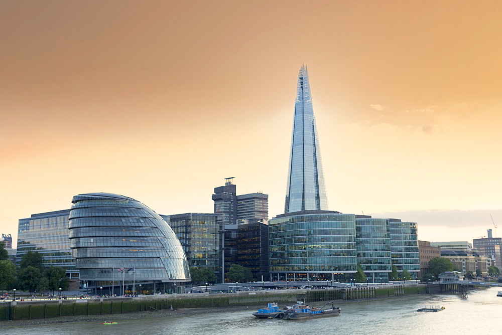 View of City Hall and the Shard on the south bank of the River Thames, London, England, United Kingdom, Europe