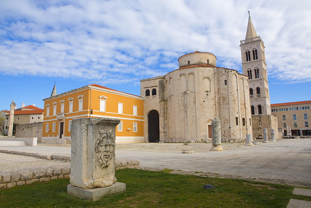 Roman forum, Church of St. Donatus and the spire of St. Anastasia Cathedral, Zadar, Dalmatia, Croatia, Europe