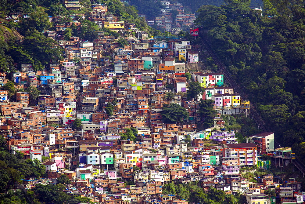 View of the Santa Marta favela (slum community) showing the funicular railway, Rio de Janeiro, Brazil, South America