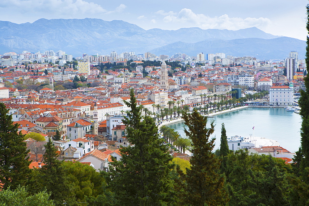 View of harbour and town centre showing the steeple of the cathedral of St. Duje, Split, Dalmatia, Croatia, Europe