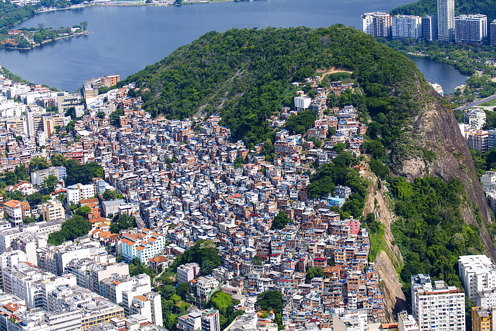 Aerial view of Cantagalo (Pavao-Pavaozinho) favela and Ipanema suburb, Rio de Janeiro, Brazil, South America