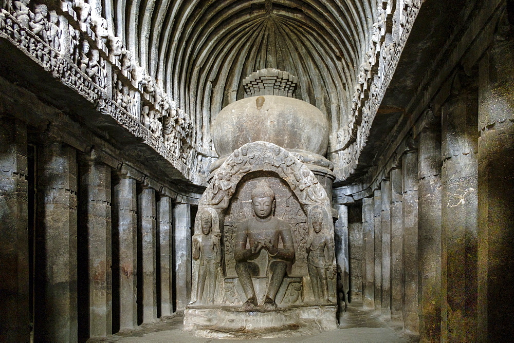 Sculpture of the Buddha in the main room of the temple of Vishvakarma (Cave 10), Ellora Caves, UNESCO World Heritage Site, Maharashtra, India, Asia