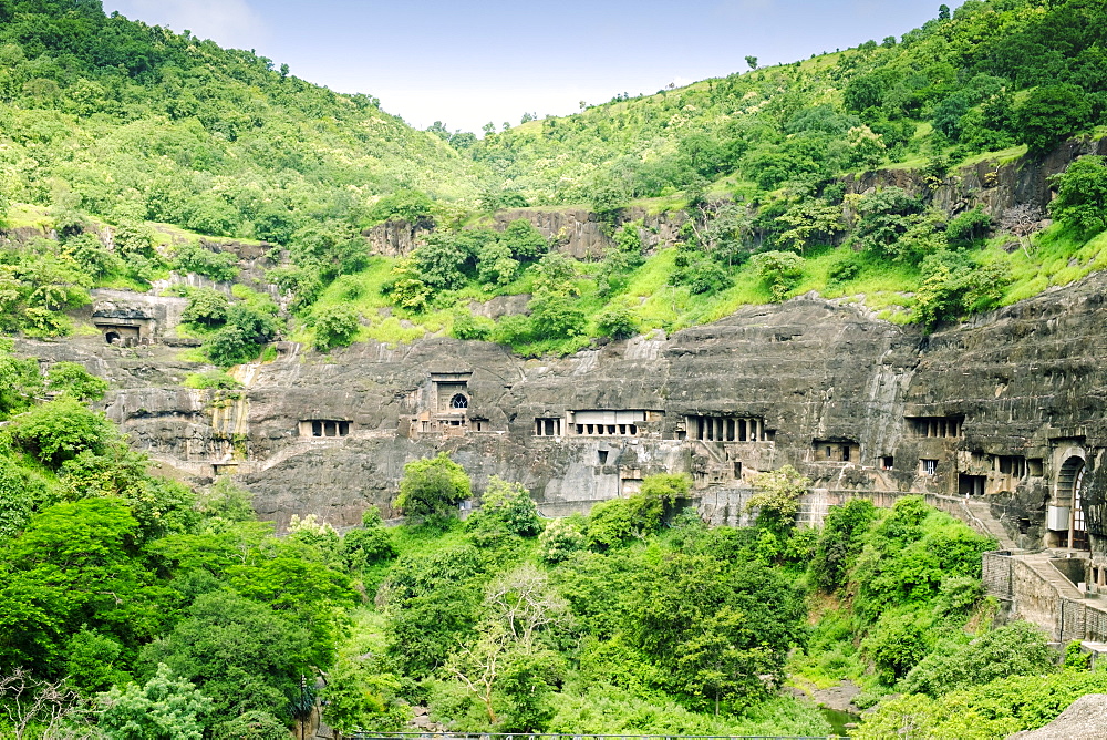 General view of the Ajanta Caves, UNESCO World Heritage Site, Maharashtra, India, Asia