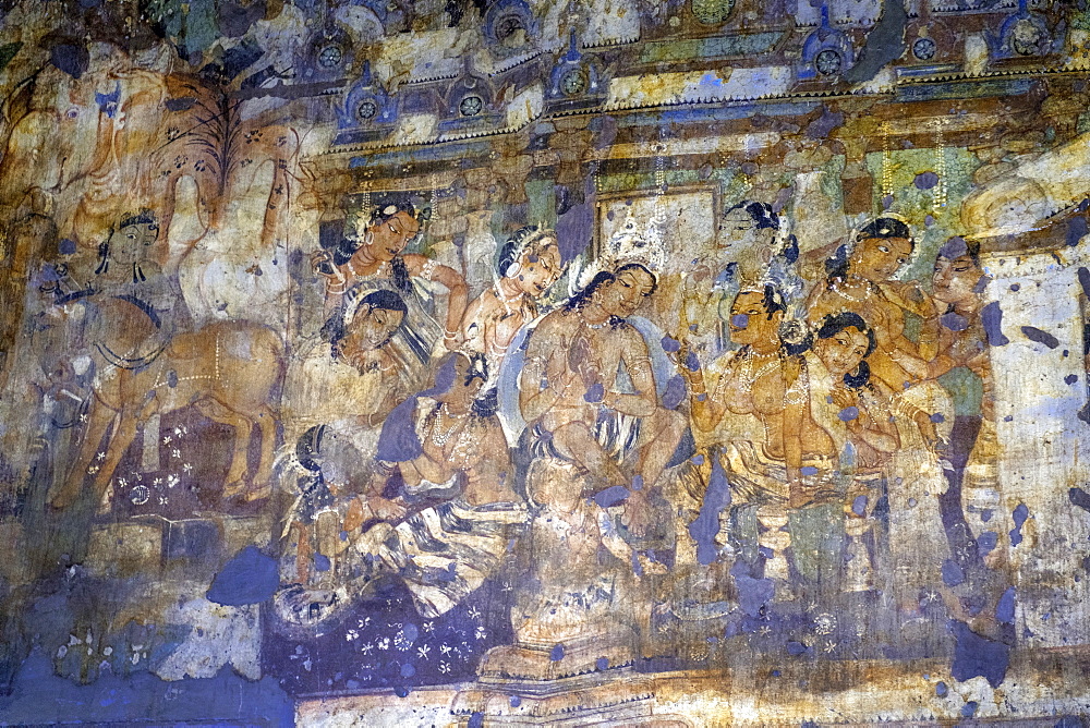 Buddhist painting in the Ajanta Caves, UNESCO World Heritage Site, Maharashtra, India, Asia