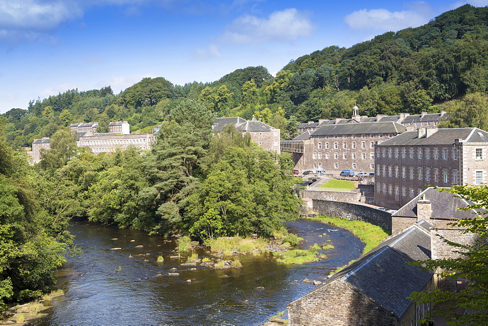 View of the town of New Lanark, UNESCO World Heritage Site, and the Clyde River, Lanarkshire, Scotland, United Kingdom, Euope