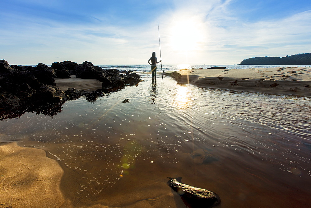 Vietnamese fisherwoman on an island beach near Sihanoukville, Cambodia, Indochina, Southeast Asia, Asia