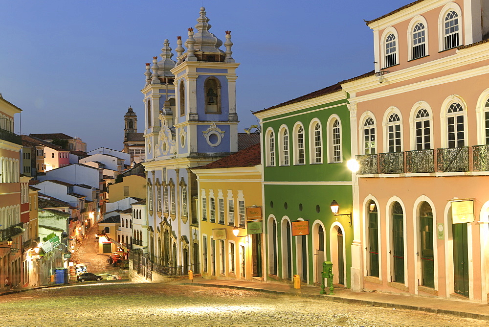 Pelourinho in city centre with Our Lady of the Roasary of Black People (Nossa Senhora do Rosario dos Pretos) at dusk, UNESCO World Heritage Site, Salvador de Bahhia, Bahia, Brazil, South America