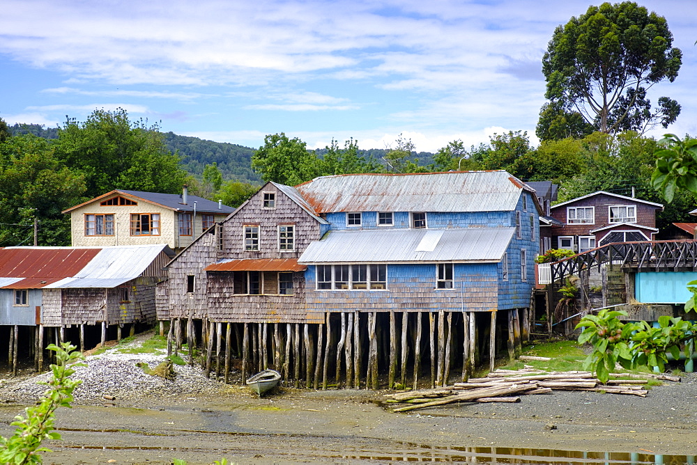 Palafita stilt wooden houses on Chiloe Island, Northern Patagonia, Chile, South America