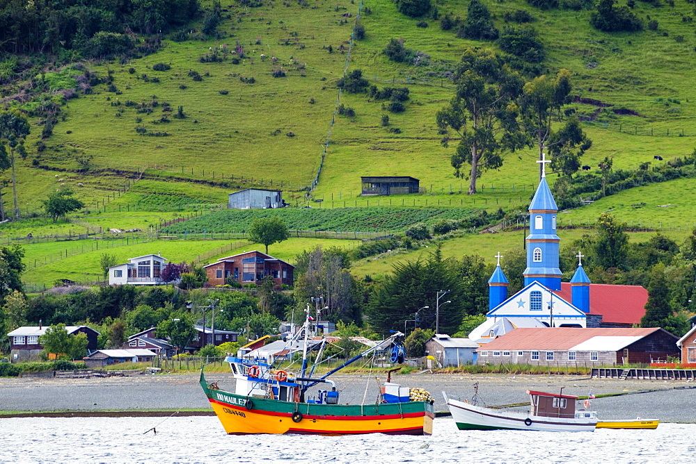 The Church of Tenaun (Church of Our Lady of Patrocinio), Chiloe island, Northern Patagonia, Chile, South America